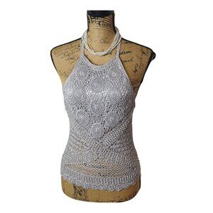 Vtg Pamplona Womens Halter L Silver Crocheted Top Beach Resort Festive Vacay